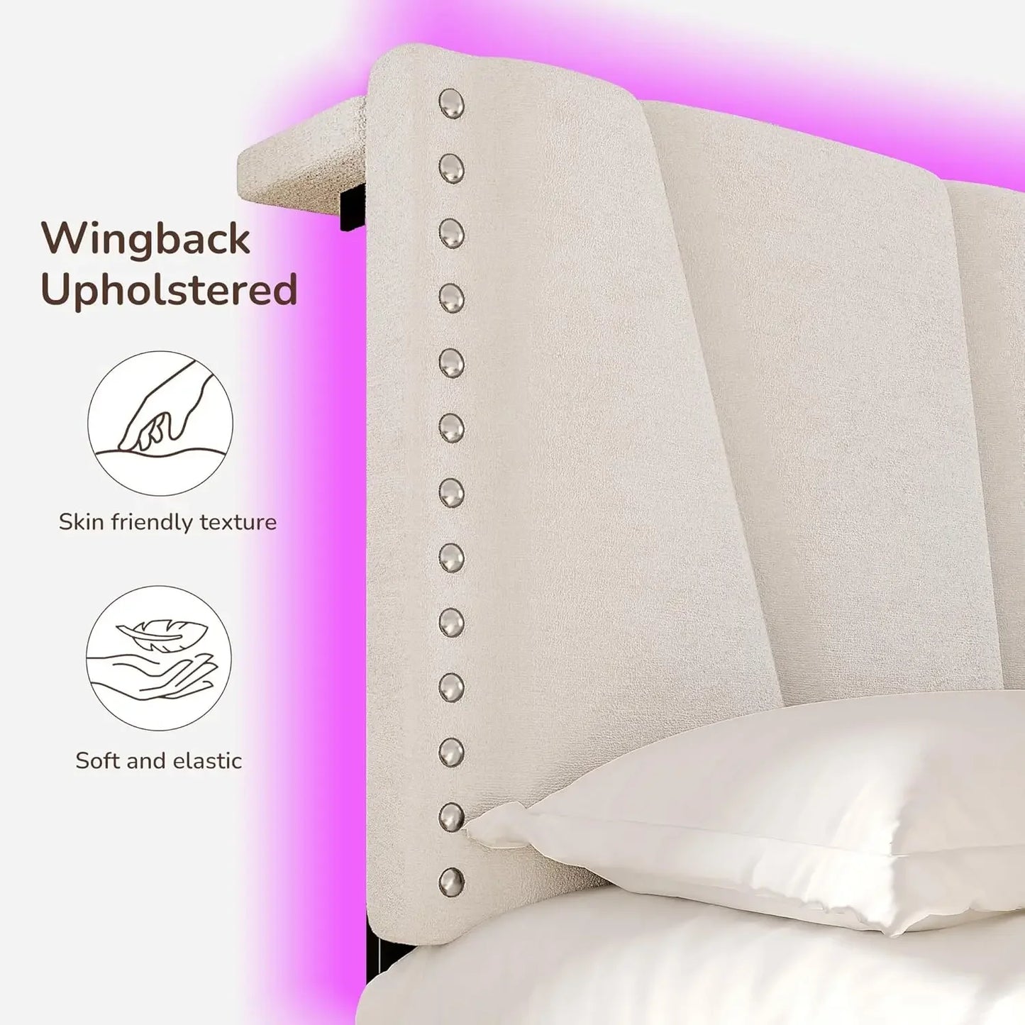 King Size Velvet Headboard, Platform Bed with LED Lights and Charging Station