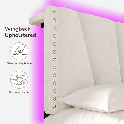 King Size Velvet Headboard, Platform Bed with LED Lights and Charging Station
