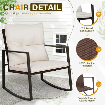 Patio Bistro Rocking Chair Set with Glass Coffee Table