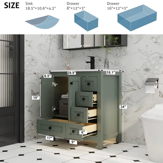 30" Bathroom Vanity Sink w/Wood Storage Cabinet