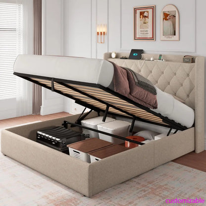 Lift Up Storage Bed Frame With Tufted Headboard