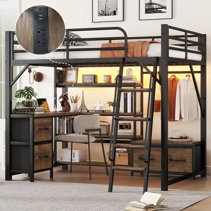 Full Size Metal Loft Bed w/Stairs, Shelf & Storage