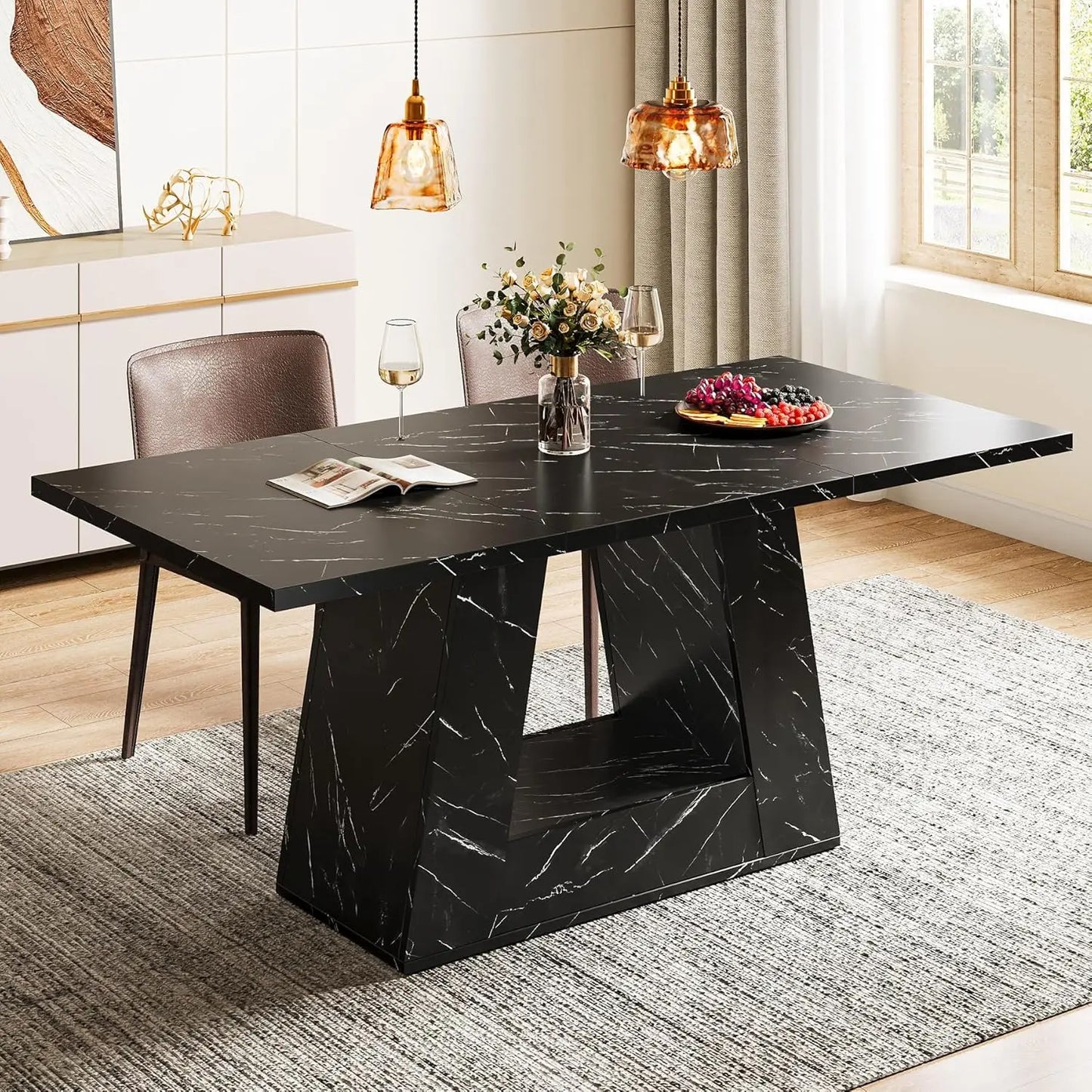 Modern Rectangular Dining Table, Wooden. Faux Marble