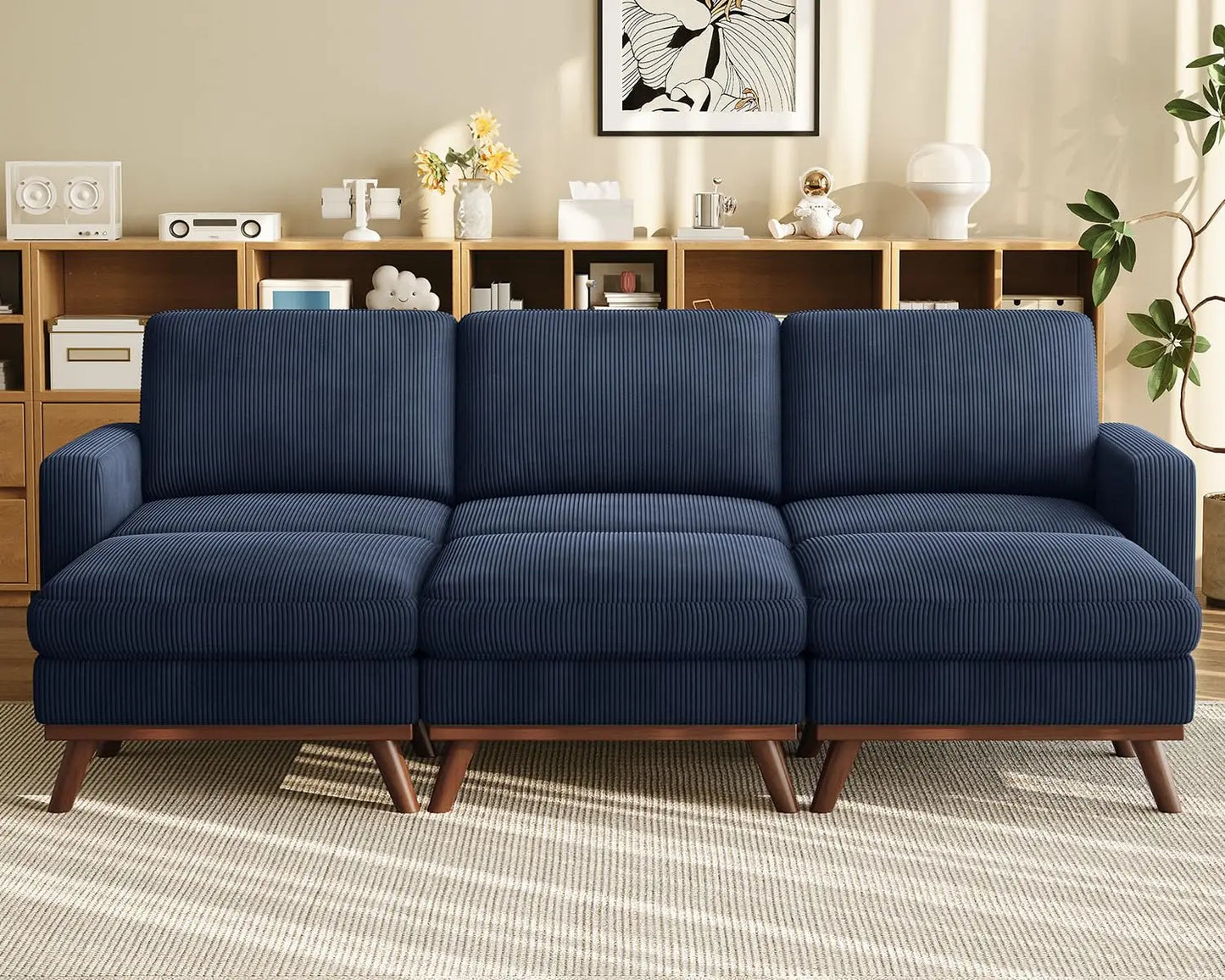 3-Seat Corduroy L-Shape Modular Sofa with Movable Ottoman,