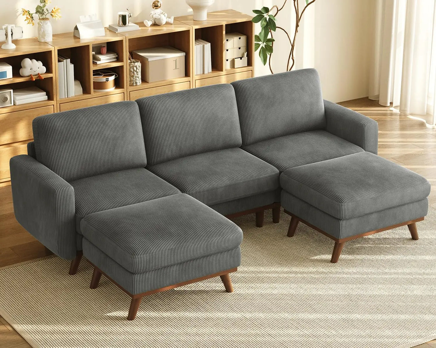 3-Seat Corduroy L-Shape Modular Sofa with Movable Ottoman,