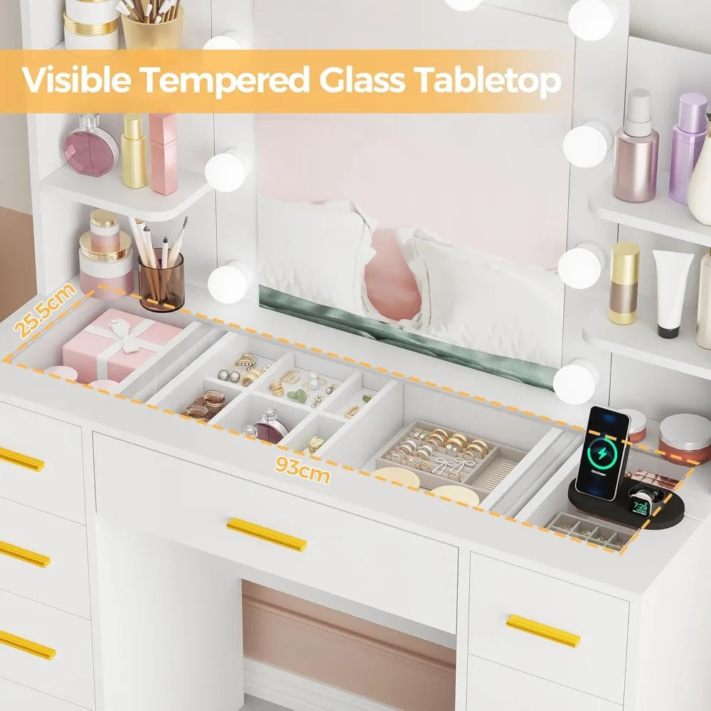 Hollywood Style Makeup Vanity with Glass Top, Power Outlet, Stool & 9 Drawers