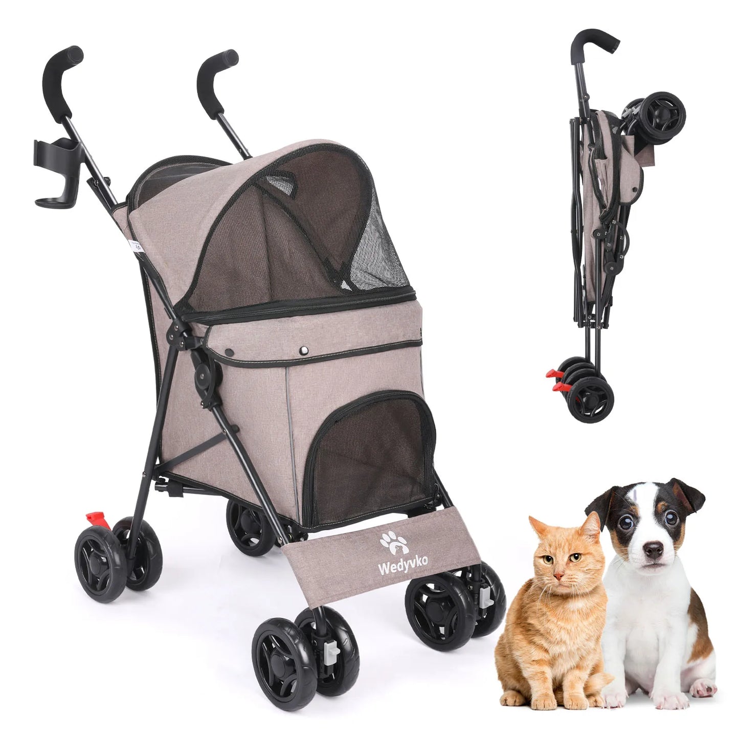 Pet Stroller 4 Wheel Stroller Rotate with Brakes & Storage