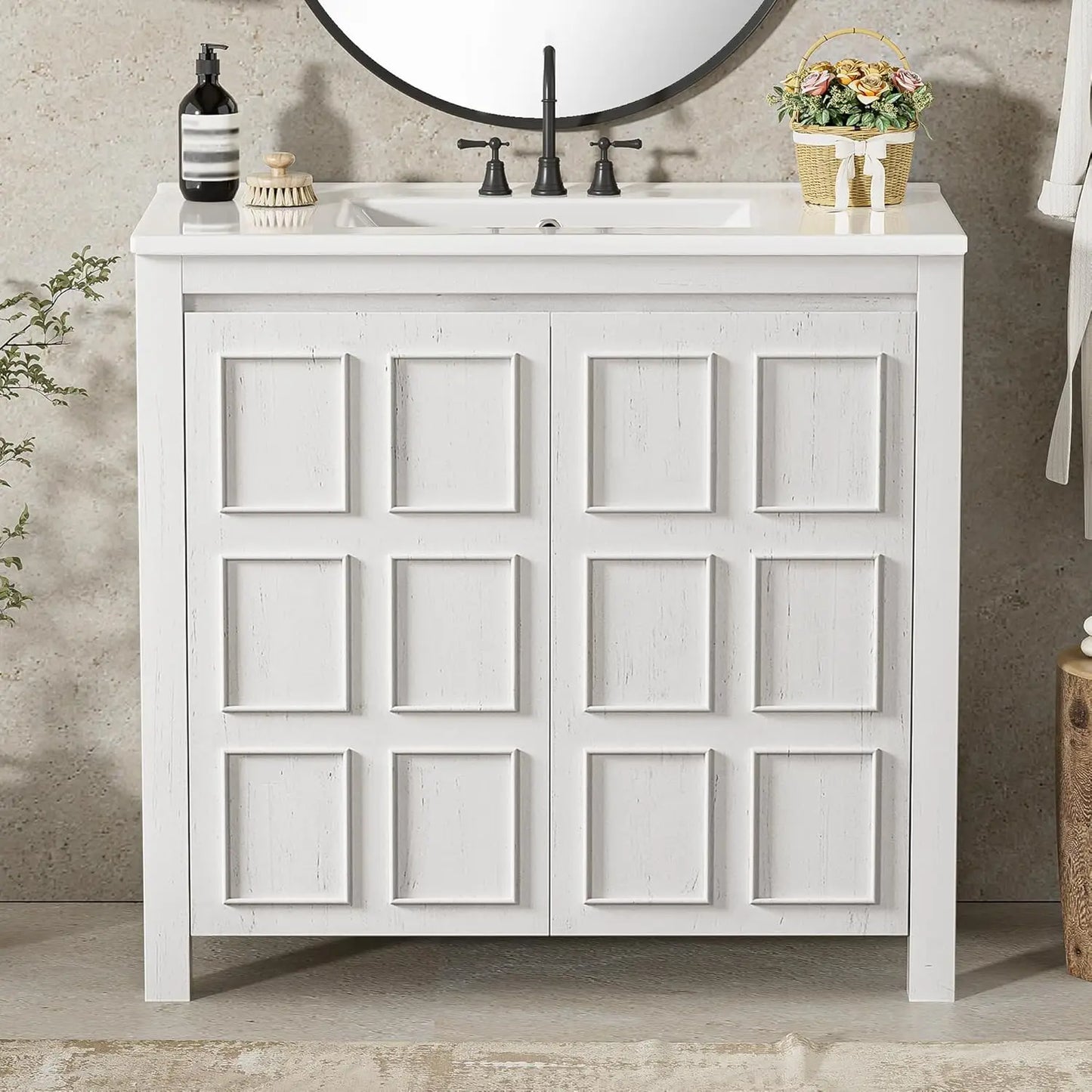 Freestanding Bathroom Vanity w/Sink, Wooden Cabinet, Adjustable Shelf, Ceramic Basin