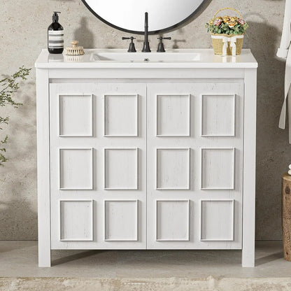 Freestanding Bathroom Vanity w/Sink, Wooden Cabinet, Adjustable Shelf, Ceramic Basin