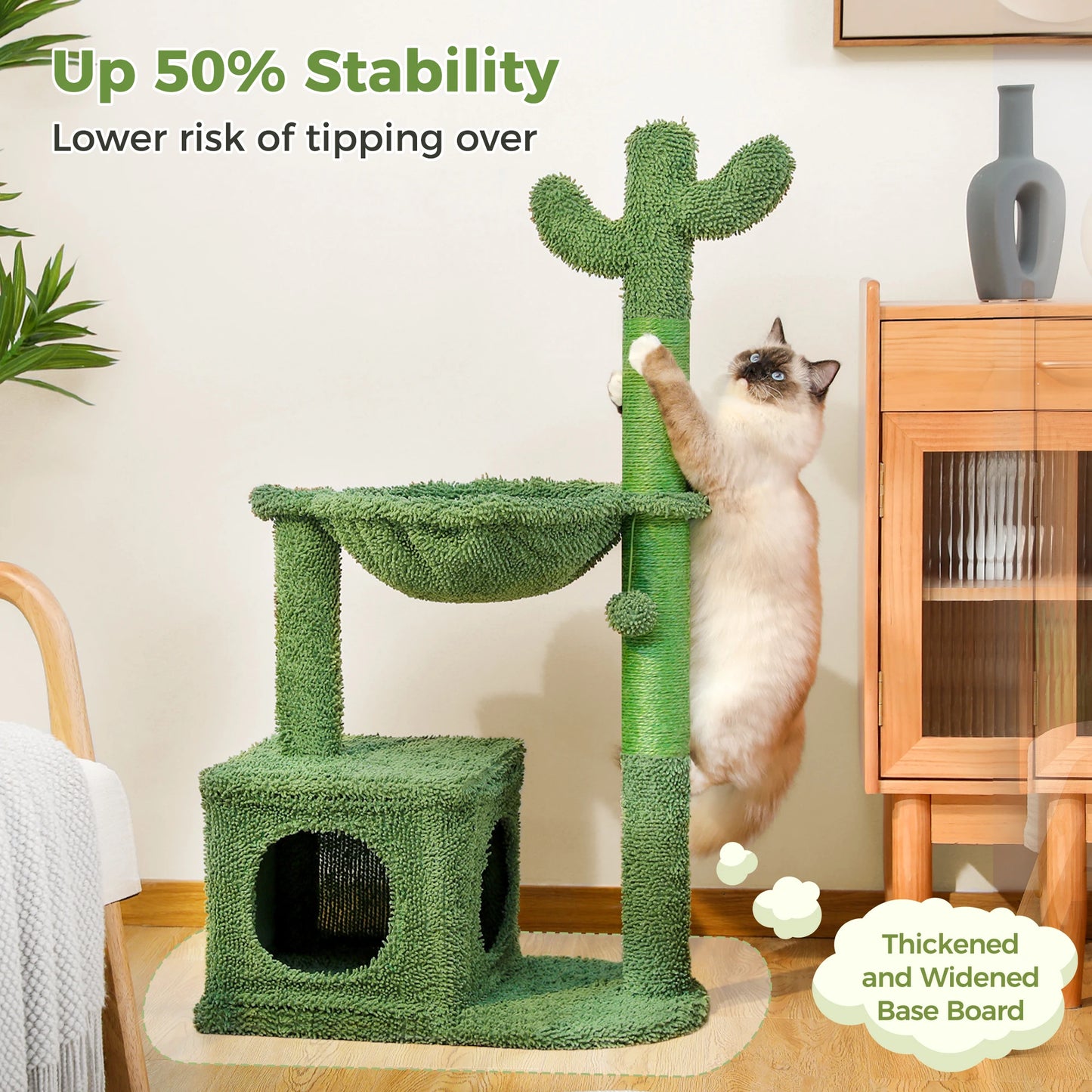 Small Cactus Cat Tree with Condo, Hammock & Dangling Ball