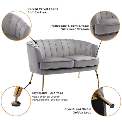 Contemporary Velvet Loveseat Chair w/Gold-Finished Metal Legs