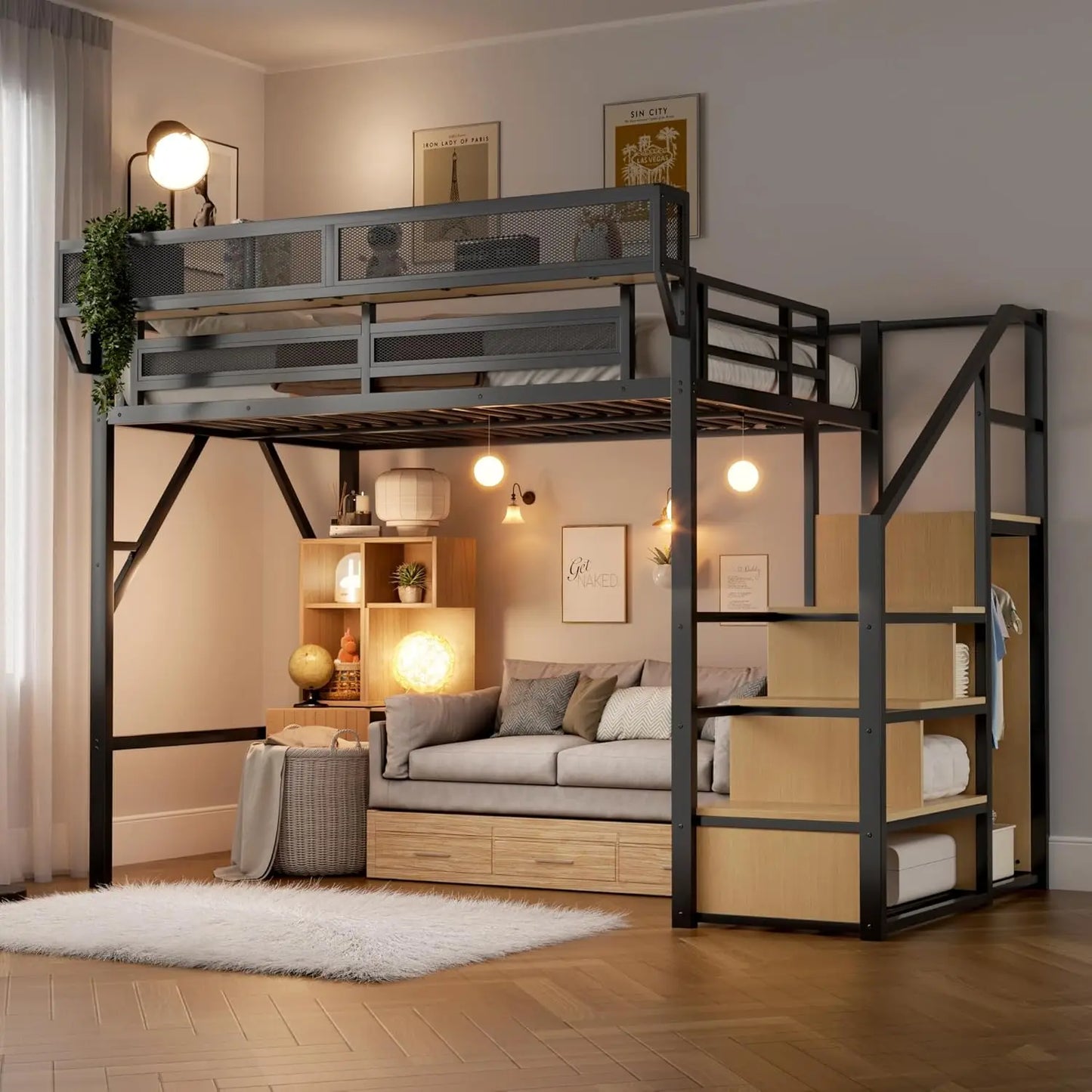 Full Size Metal Loft Bed w/Stairs, Shelf & Storage