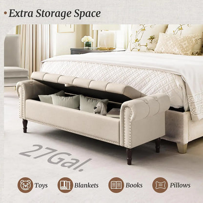 Rolled Arm Storage Bench Ottoman with Button Tufted