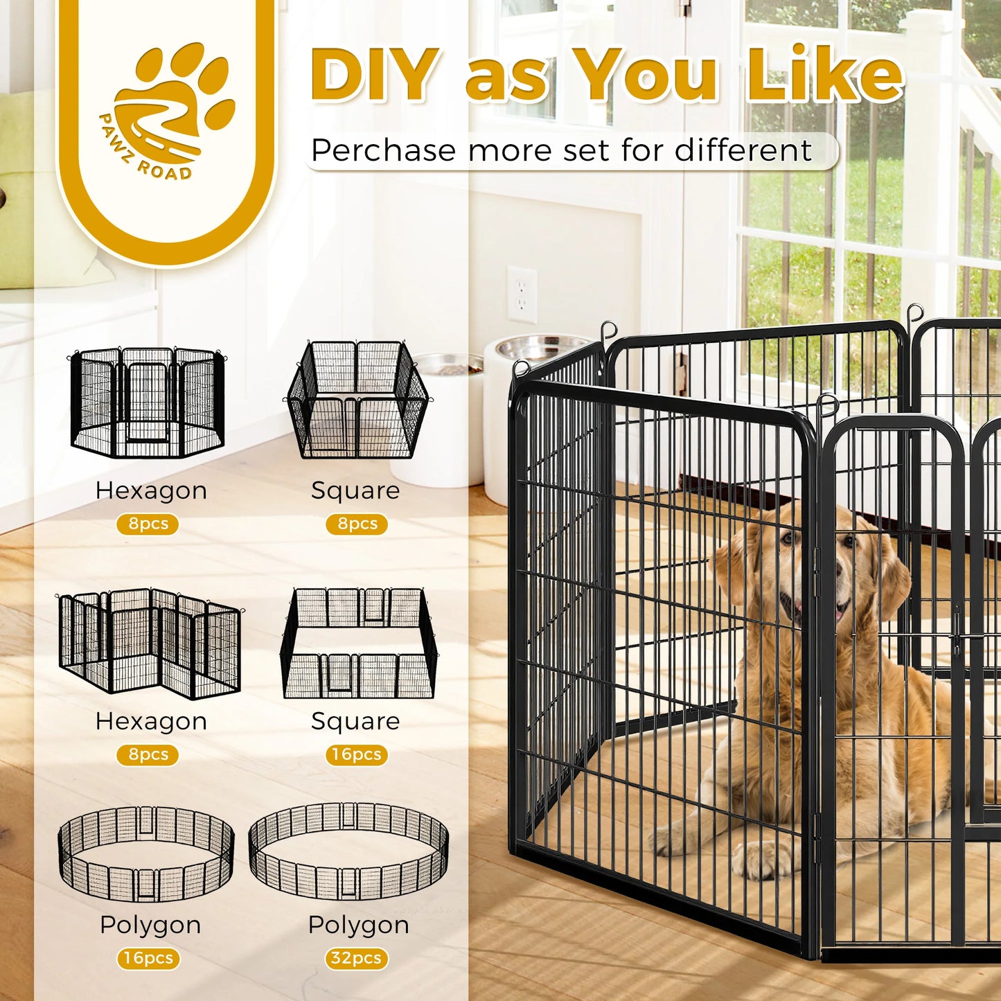 Outdoor/Indoor Foldable Metal Pet Fence w/Door, Heavy Duty