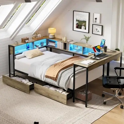 Full Size Corner Bed Frame with Storage, Charging Station, LED Lights