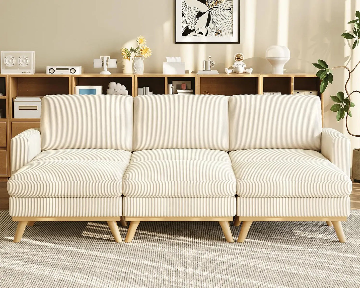 3-Seat Corduroy L-Shape Modular Sofa with Movable Ottoman,