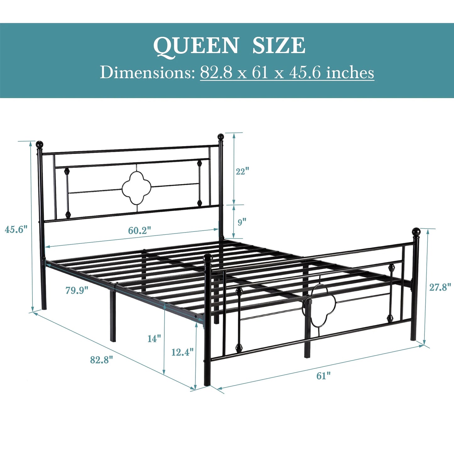 Vintage Victorian Style Metal Platform Bed Frame with Head & Footboard