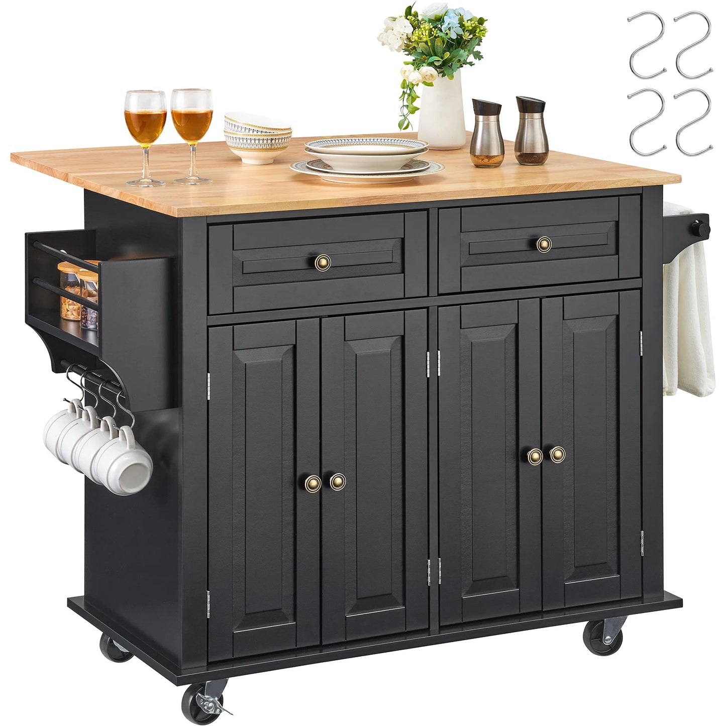 Kitchen Island Rolling Cart with Drop Leaf Spice Rack