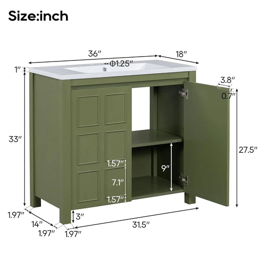 Freestanding Bathroom Vanity w/Sink, Wooden Cabinet, Adjustable Shelf, Ceramic Basin