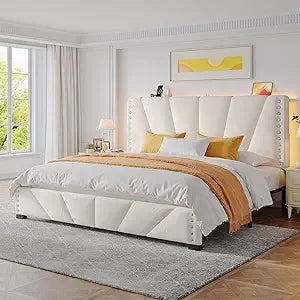 King Size Velvet Headboard, Platform Bed with LED Lights and Charging Station
