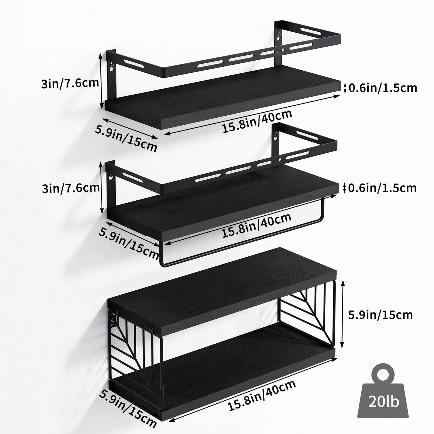 Rustic Wood Floating Shelves W/Metal Frame Towel Bar
