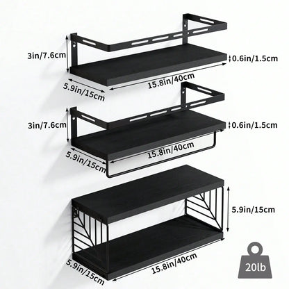 Rustic Wood Floating Shelves W/Metal Frame Towel Bar