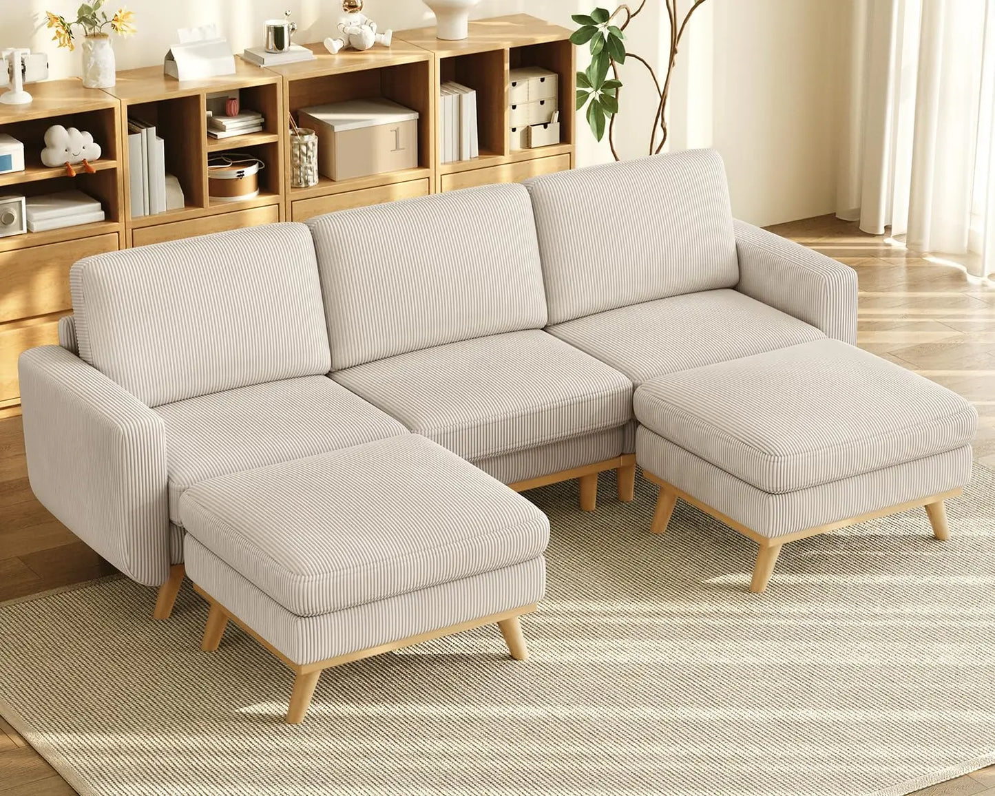3-Seat Corduroy L-Shape Modular Sofa with Movable Ottoman,