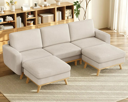 3-Seat Corduroy L-Shape Modular Sofa with Movable Ottoman,