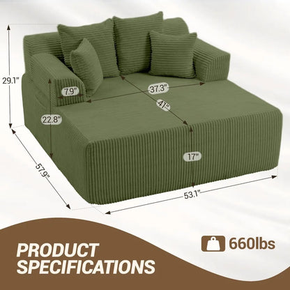 Oversized Corduroy Boneless Chaise Lounge Chair w/Armrests and 4 Pillows