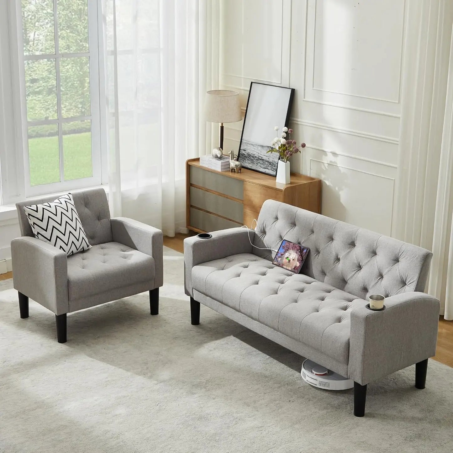 Mid-Century Modern Loveseat Sofa Set w/ 2 USB & 2 Cupholders