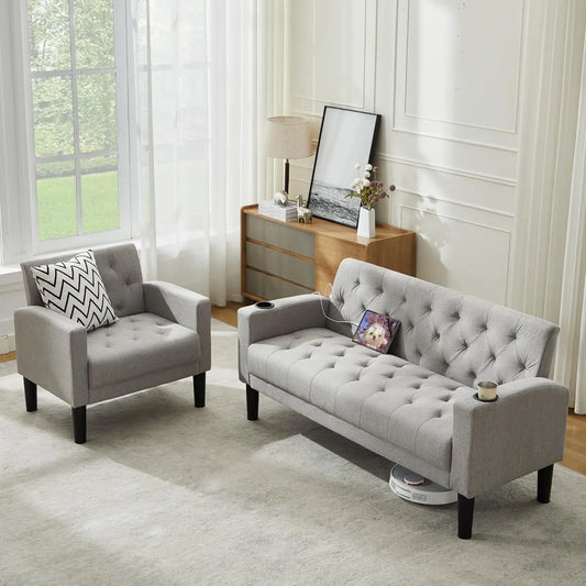 Mid-Century Modern Loveseat Sofa Set w/ 2 USB & 2 Cupholders