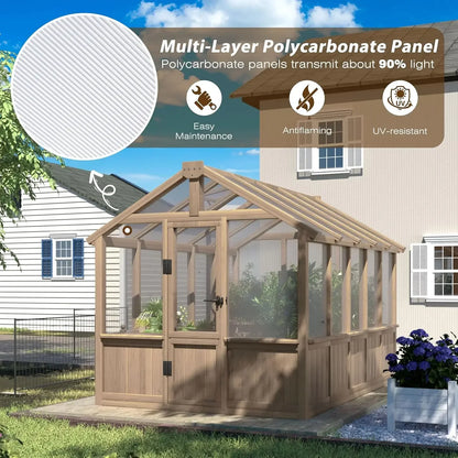 6x10 FT 6MM Thick Polycarbonate Panel Wooden Walk-in Greenhouse w/Lockable Door