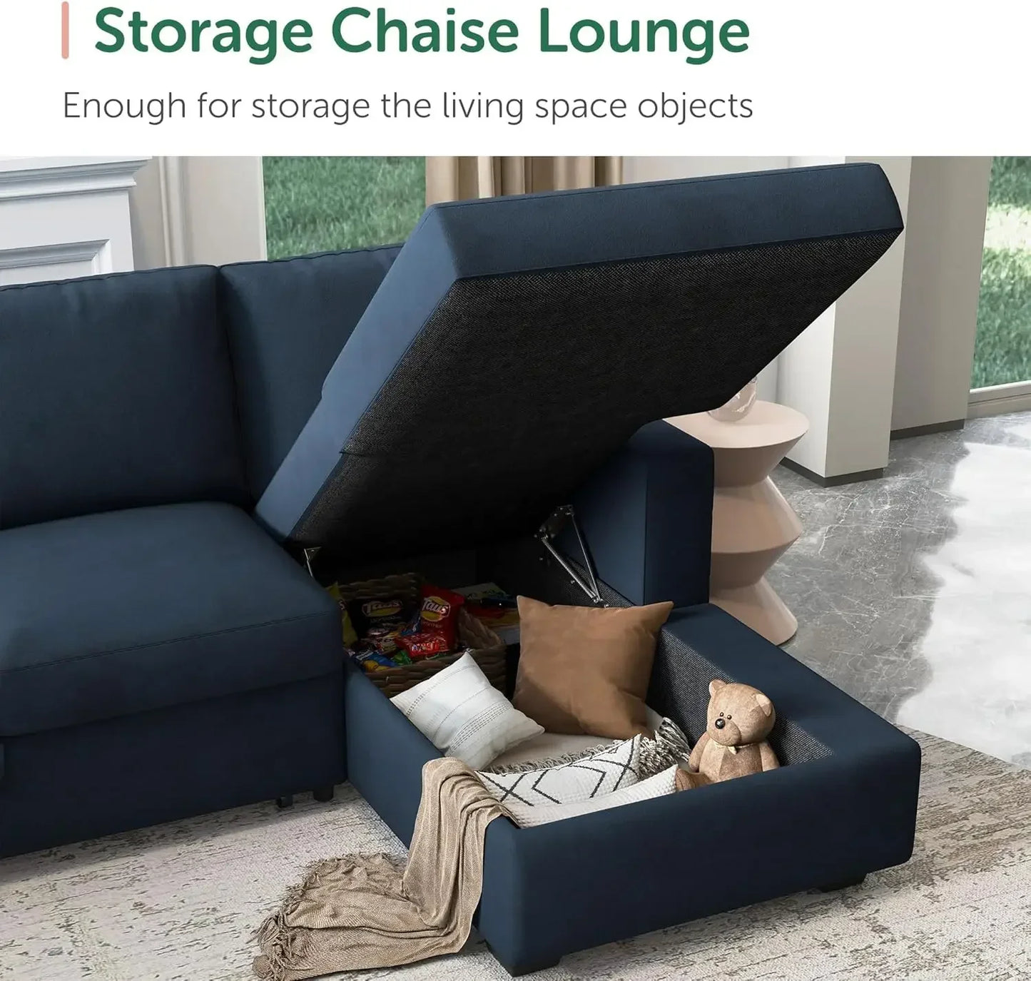 U-Shape Sectional Couch With Pullout Bed with Storage Chaise Lounge