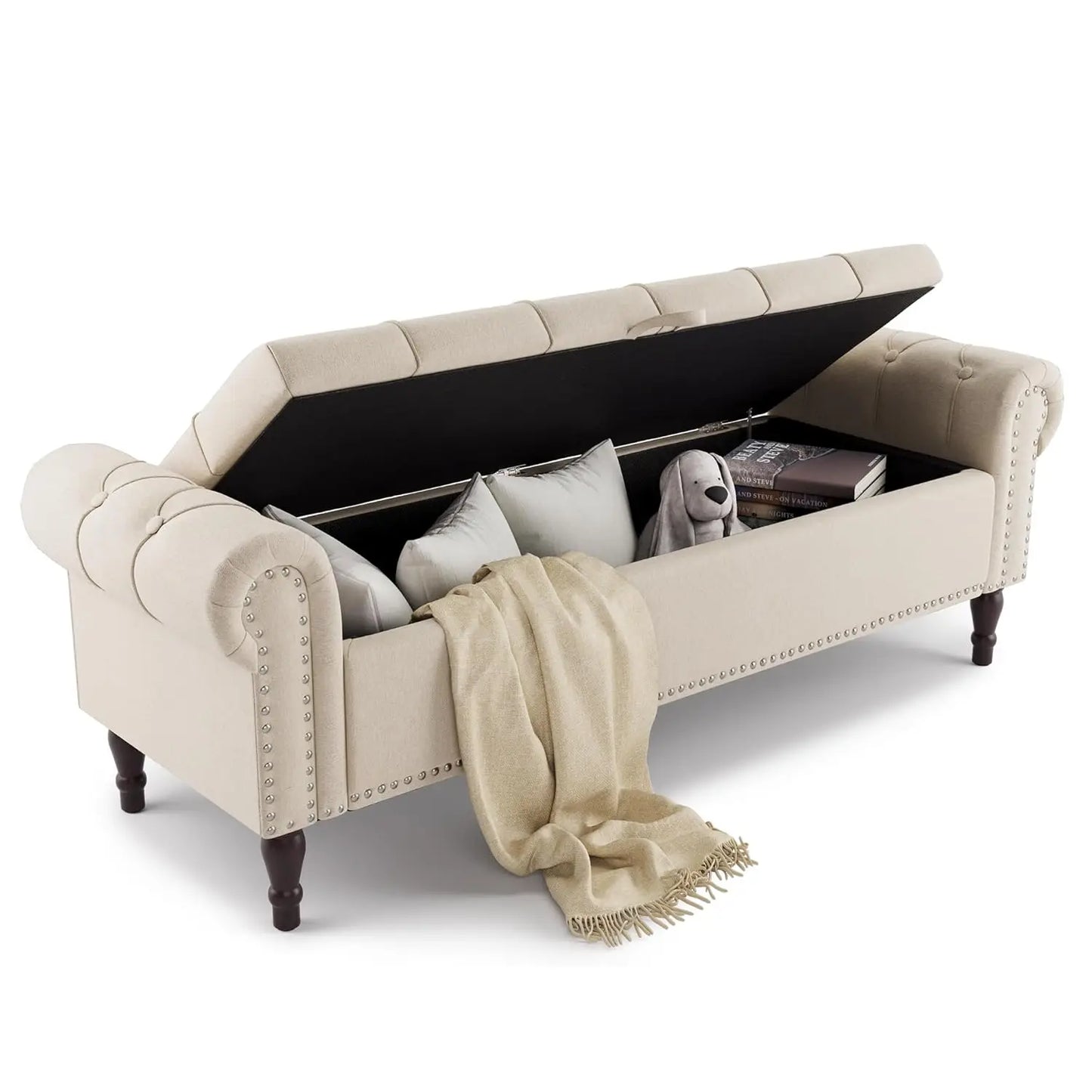 Rolled Arm Storage Bench Ottoman with Button Tufted