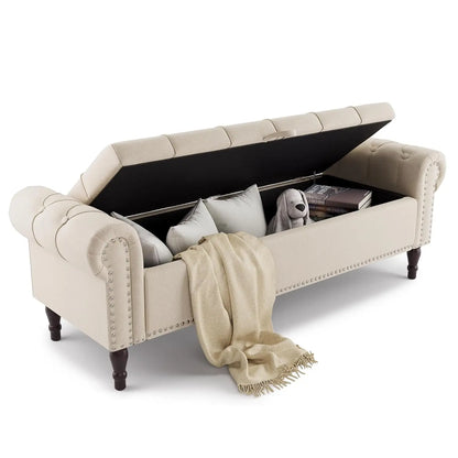 Rolled Arm Storage Bench Ottoman with Button Tufted