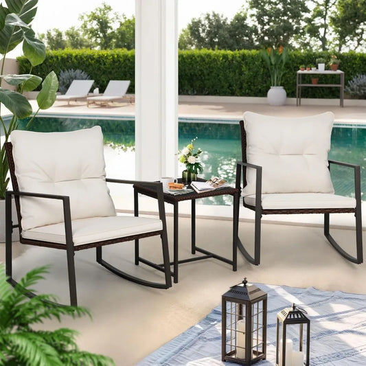 Patio Bistro Rocking Chair Set with Glass Coffee Table