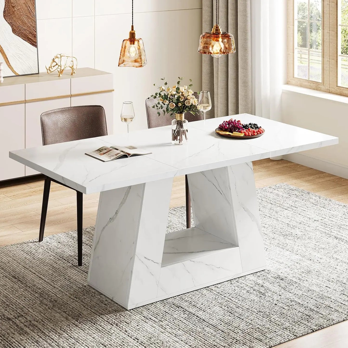 Modern Rectangular Dining Table, Wooden. Faux Marble