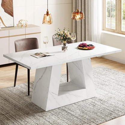 Modern Rectangular Dining Table, Wooden. Faux Marble