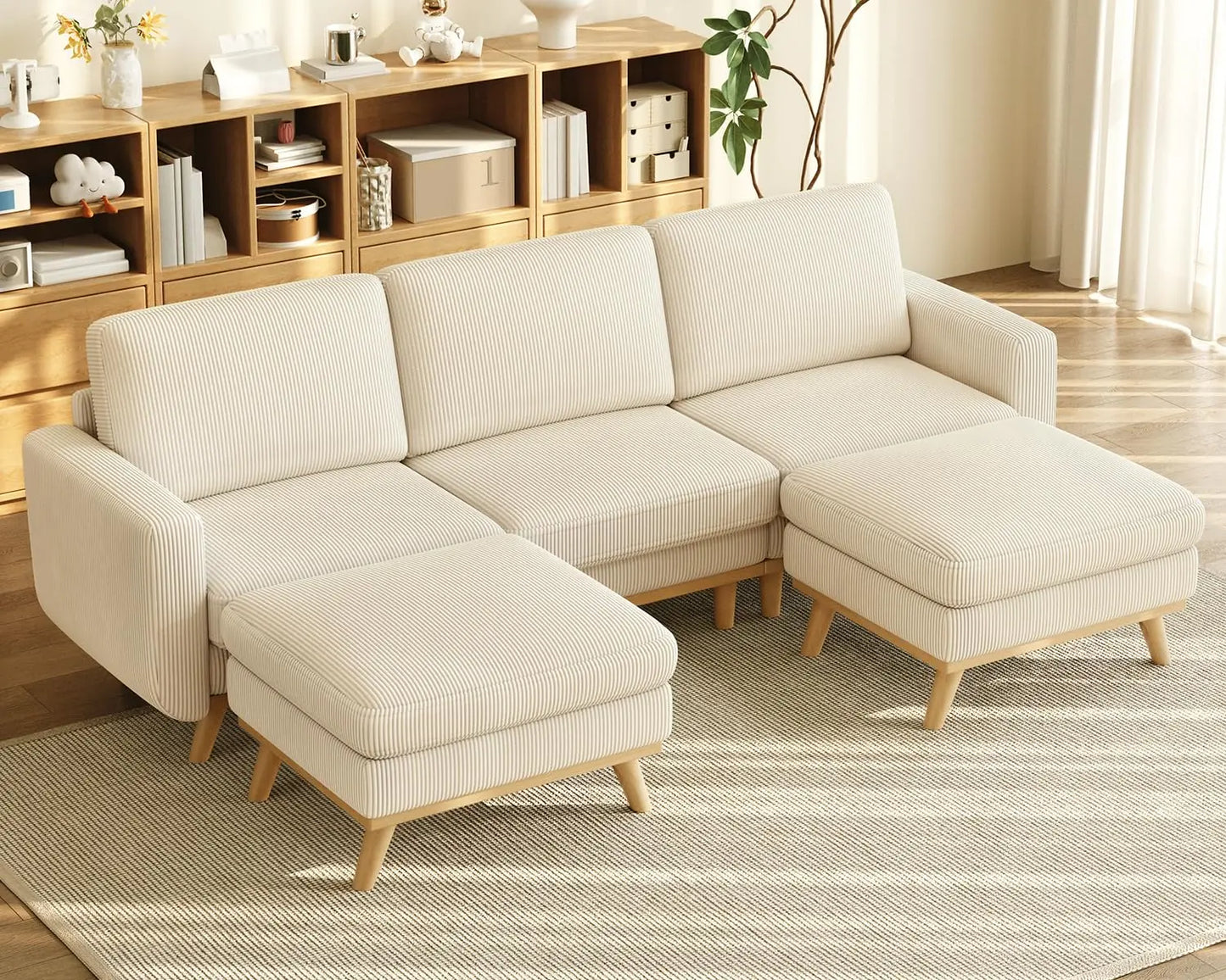 3-Seat Corduroy L-Shape Modular Sofa with Movable Ottoman,