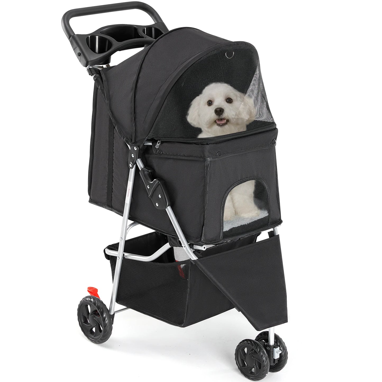 3 Wheel Foldable Pet Stroller for Small Dogs & Cats, Mesh Windows