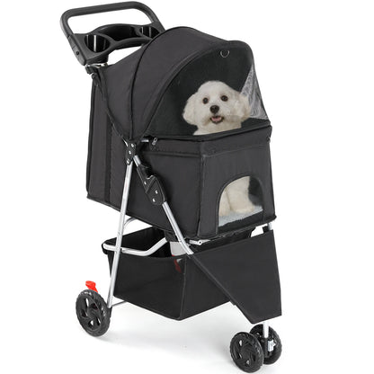 3 Wheel Foldable Pet Stroller for Small Dogs & Cats, Mesh Windows