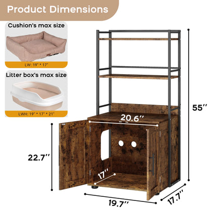 Cat Litter Box Enclosure w/2-Tier Storage Shelves & Doors