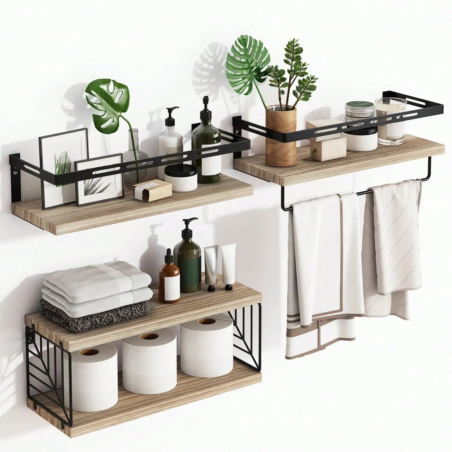 Rustic Wood Floating Shelves W/Metal Frame Towel Bar