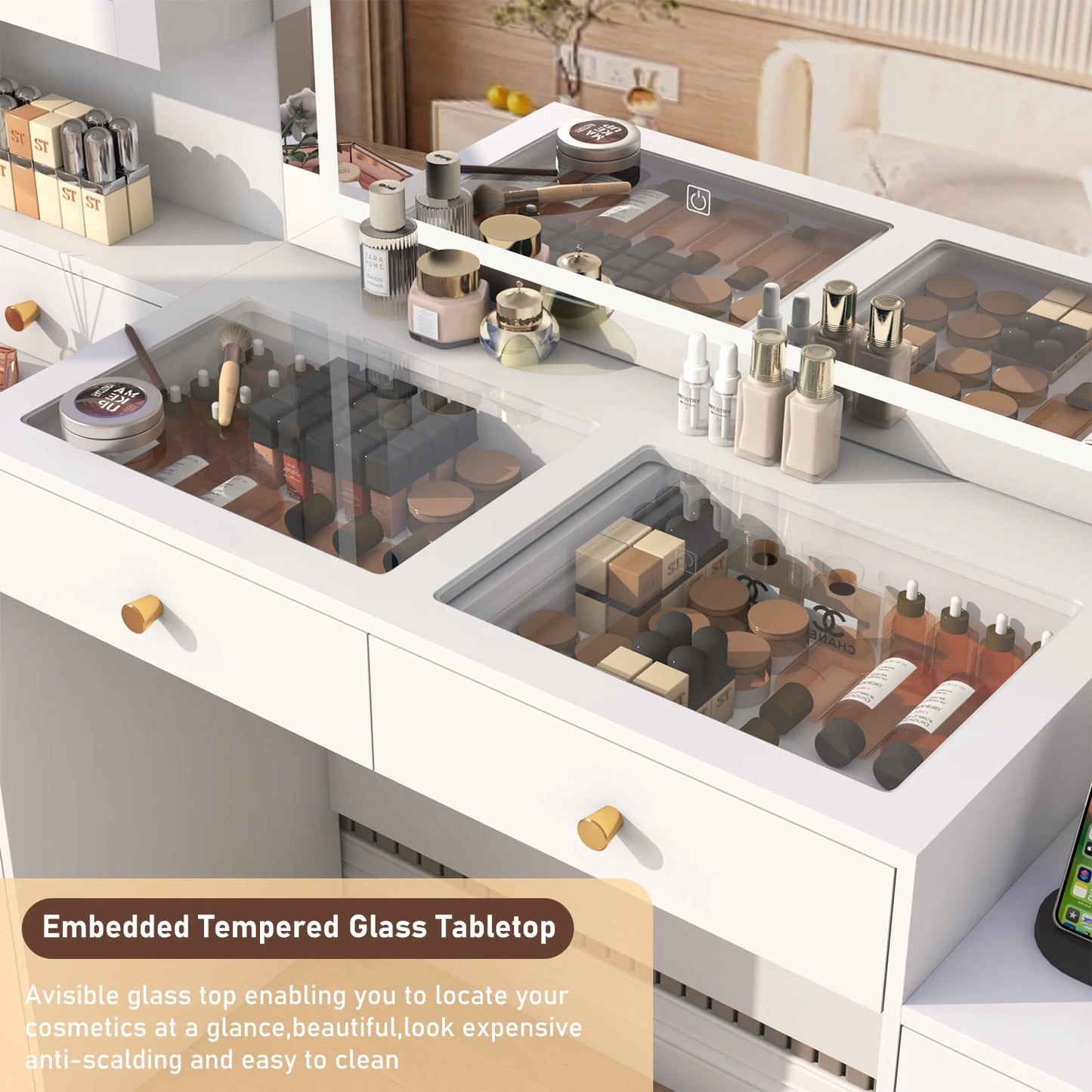 Large Vanity Desk with Mirror, Lights, and Charging Station