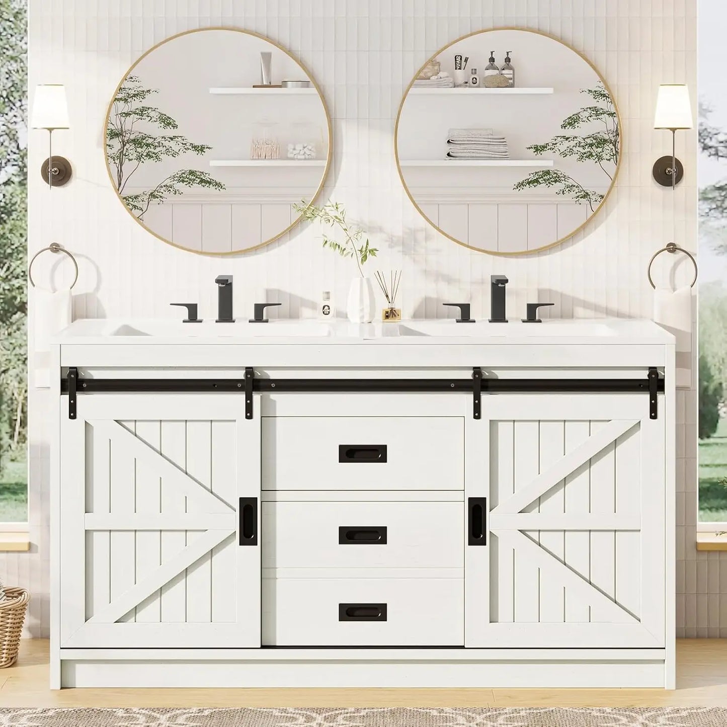 61" Farmhouse Double Bathroom Vanity w/Dual Basin Sink & Storage Cabinet