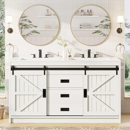 61" Farmhouse Double Bathroom Vanity w/Dual Basin Sink & Storage Cabinet