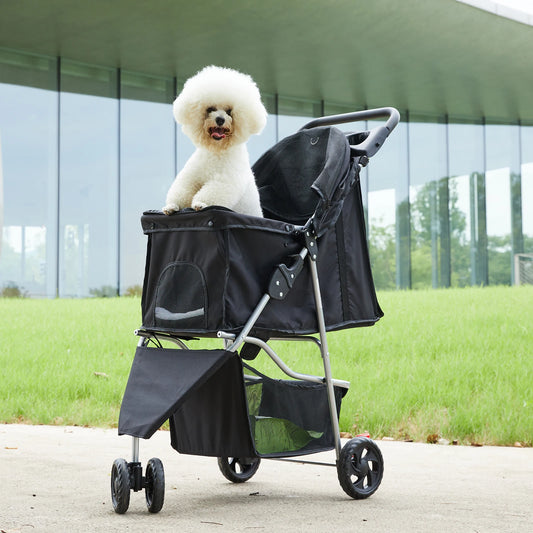 3 Wheel Foldable Pet Stroller for Small Dogs & Cats, Mesh Windows