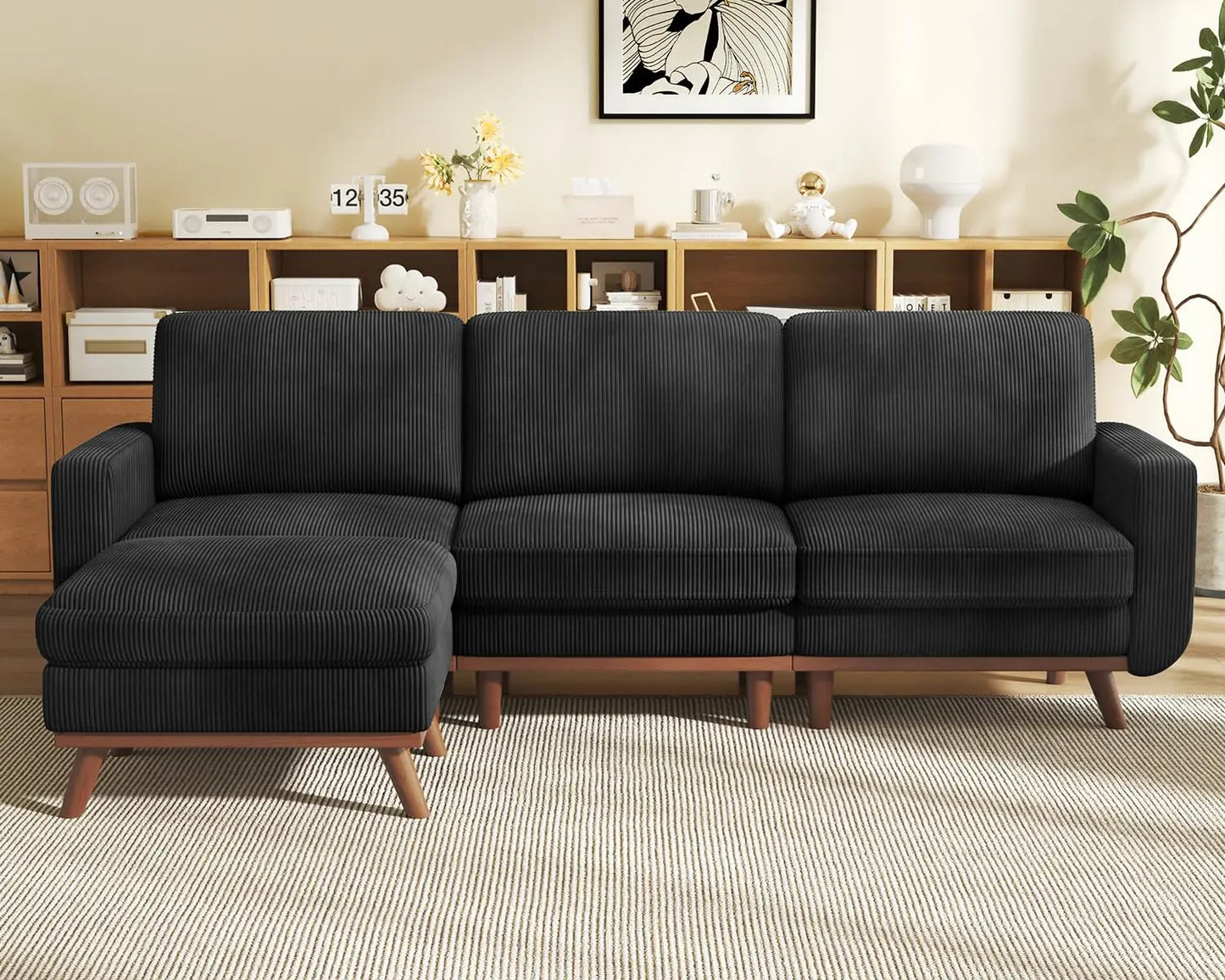 3-Seat Corduroy L-Shape Modular Sofa with Movable Ottoman,