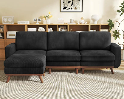 3-Seat Corduroy L-Shape Modular Sofa with Movable Ottoman,