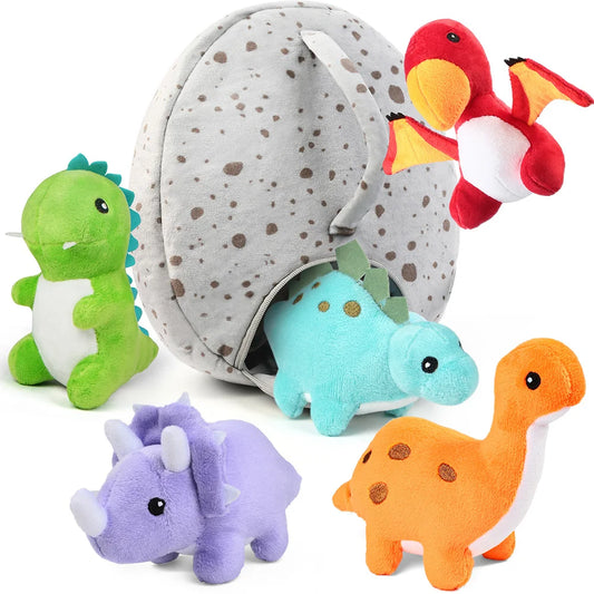 Five Small Dinosaur Plush Toys w/Egg Bag